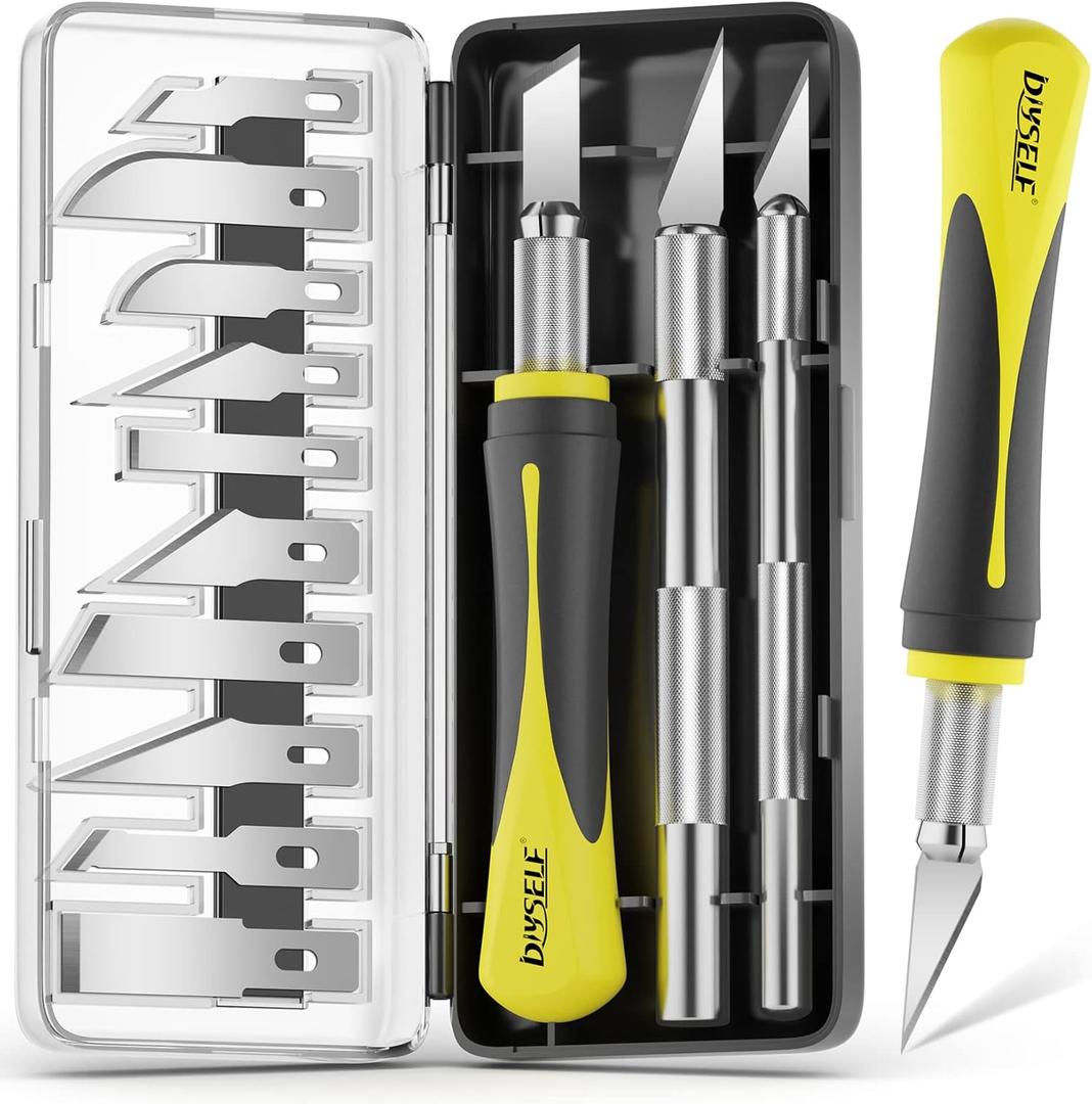 DIYSELF 16-Piece Craft Knife Set, Exacto Knife Set for Crafting, Wood Carving Tools, Valentines Day Gifts for Her Him Women Men Adults, 3 Hobby Precision Exactly Art Knife with 10 Exacto Knife Blades (Yellow)