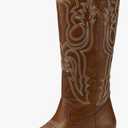 mysoft Women's Cowboy Boots Mid Calf Cowgirl Embroidered Western Pointed Toe Chunky Heel Pull On Knee High Boots 9.5