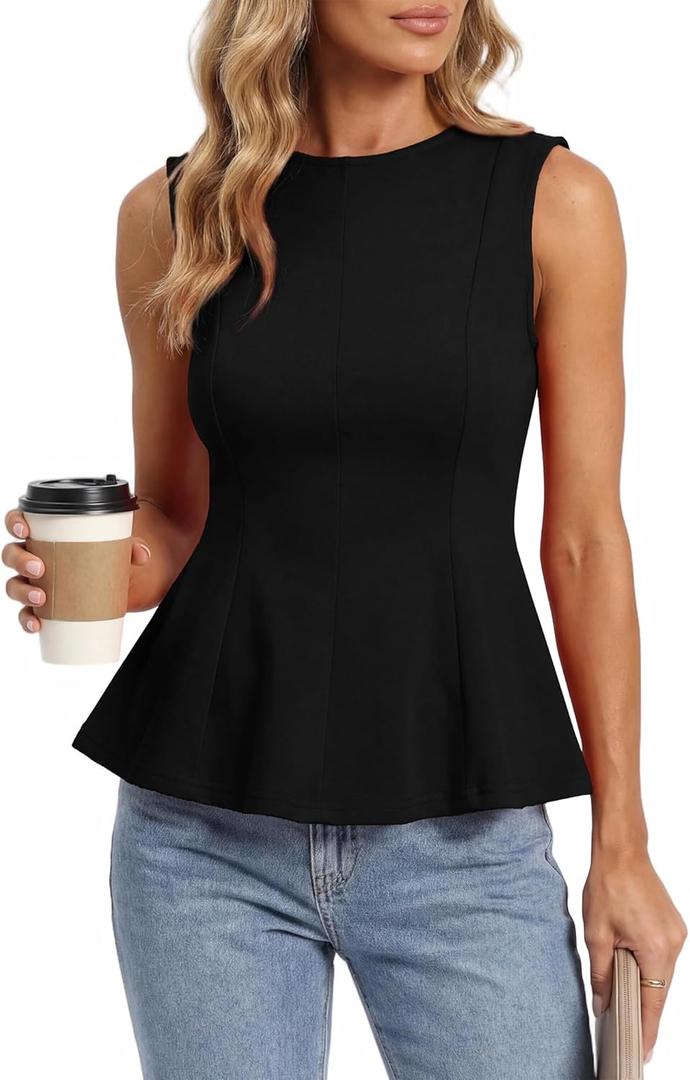 BTFBM Womens Summer Tops 2026 Business Casual Outfits Crew Neck Sleeveless Shirts Slim Fit Peplum Tank Top (Medium, Black)