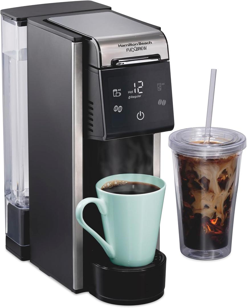 Hamilton Beach FlexBrew Advanced 4in1 Single Serve Hot & Iced Coffee Maker with Removable 45 oz. Water Reservoir, Use Pod Packs and Grounds, Fast Brewing, LED Touchscreen, Black (49925)