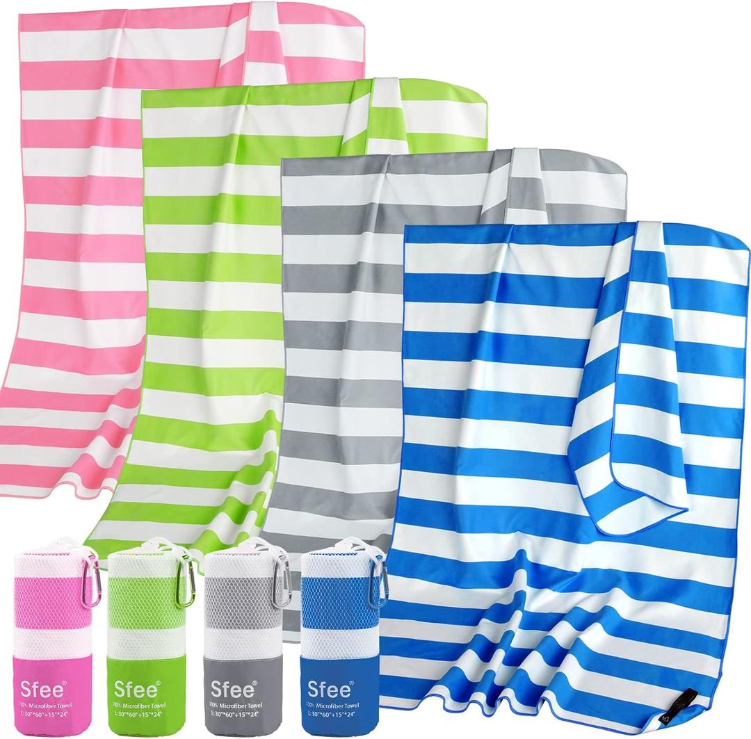 Sfee 4 Pack(8Pcs) Microfiber Travel Towel, Beach Towel Quick Dry Towel Camping Towel Super Absorbent Compact Lightweight Sports Gym Towels for Beach, Gym, Hiking, Pool, Backpacking, Bath, Yoga (L 60"x30"+24"x15", Dark Blue+green+pink+grey)