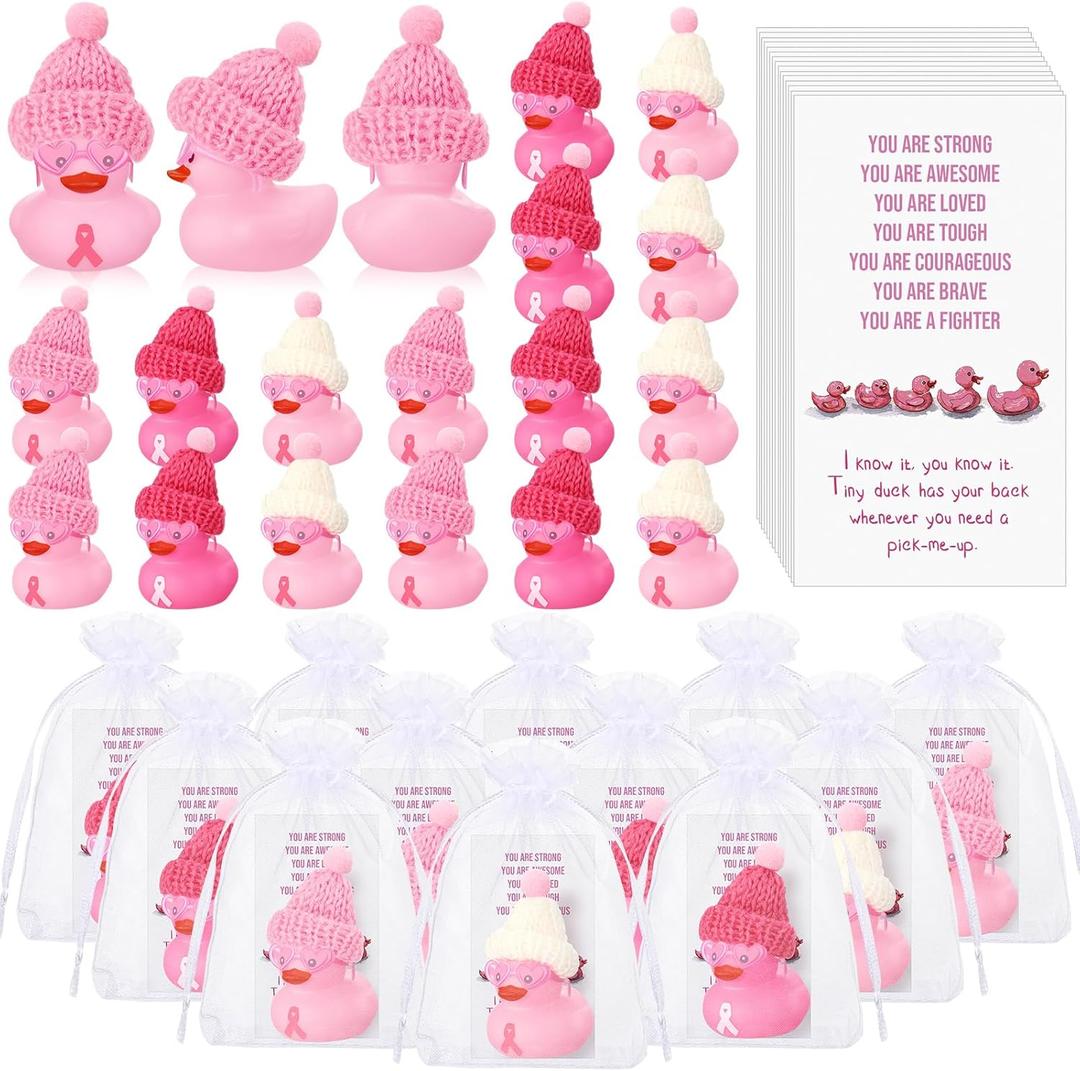 Deekin 30 Sets Pink Ribbon Rubber Duck Breast Cancer Month Gifts Mini Rubber Ducks with Glasses Hat with Card Organza Bags Bulk Party Favors Breast Cancer Awareness Accessories for Women Survivor