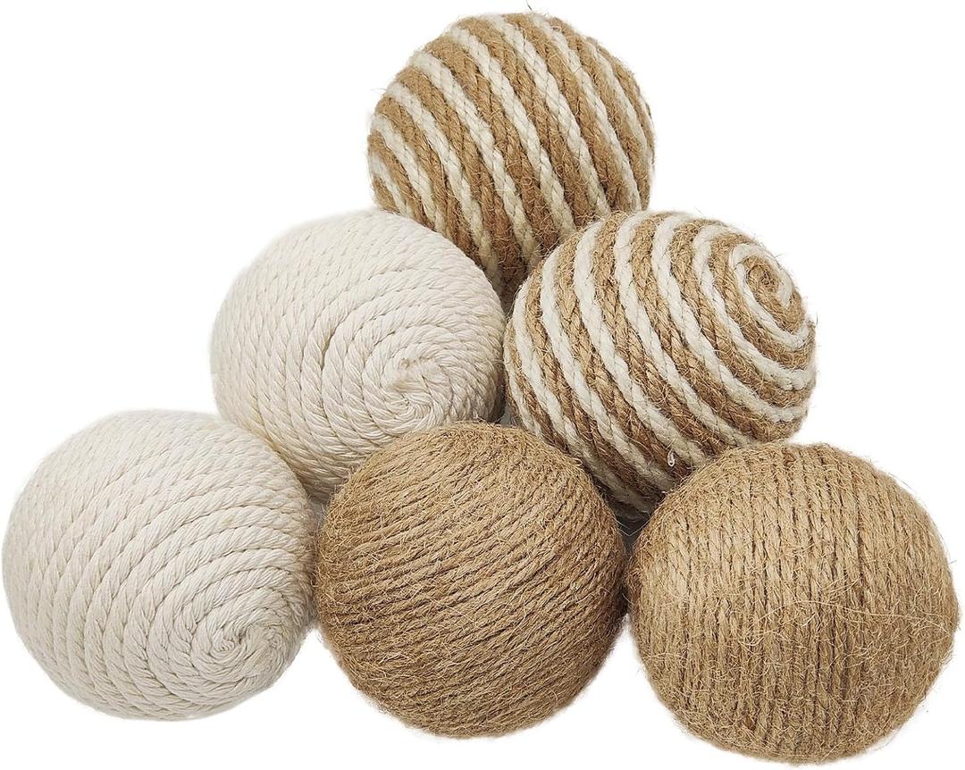 3 Pcs Decorative Balls for Bowls, Decorative Ball Set of 3pcs 2.5inch Natural Handmade Jute & Cotton Orbs Balls Rattan Decorative - Mix Beige & White Textured Rattan Decor Ball for Vase Fillers