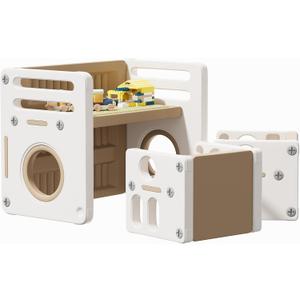 Kids Table and Chairs Set Toddler Activity for 1-3 Children Baby Drawing Craft Art Paly Montessori Table Desk for Mealtime Study for Playroom Nursery (Khaki White-Double Chairs)