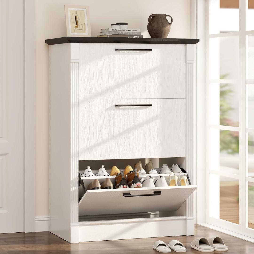 Farmhouse Shoe Cabinet with 3 Flip Drawers & 3 Tier Adjustable Shelves, 32.3" Wide White Shoe Cabinet with Roman Column, Hidden Shoe Storage Cabinet for Entryway, Hallway