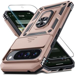Janmitta Case Compatible with Google Pixel 10 Pro XL Built in Slide Camera Lens Cover+Screen Protector+Finger Ring Holder Kickstand,Heavy Duty Shockproof Full Body Protective Phone Cover,Rose Gold