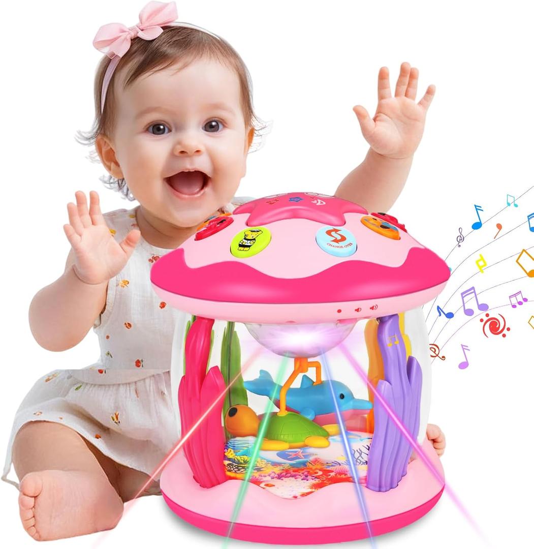 Avesa Baby Toys 6-12 Months Girl Gifts: Babies Ocean Rotating Light Up Musical Toys for Toddlers 1 2 Year Old Crawling Learning Infant Toy 6 7 8 9 10 11 12 Months Old Baby Girl Gift (Pink)