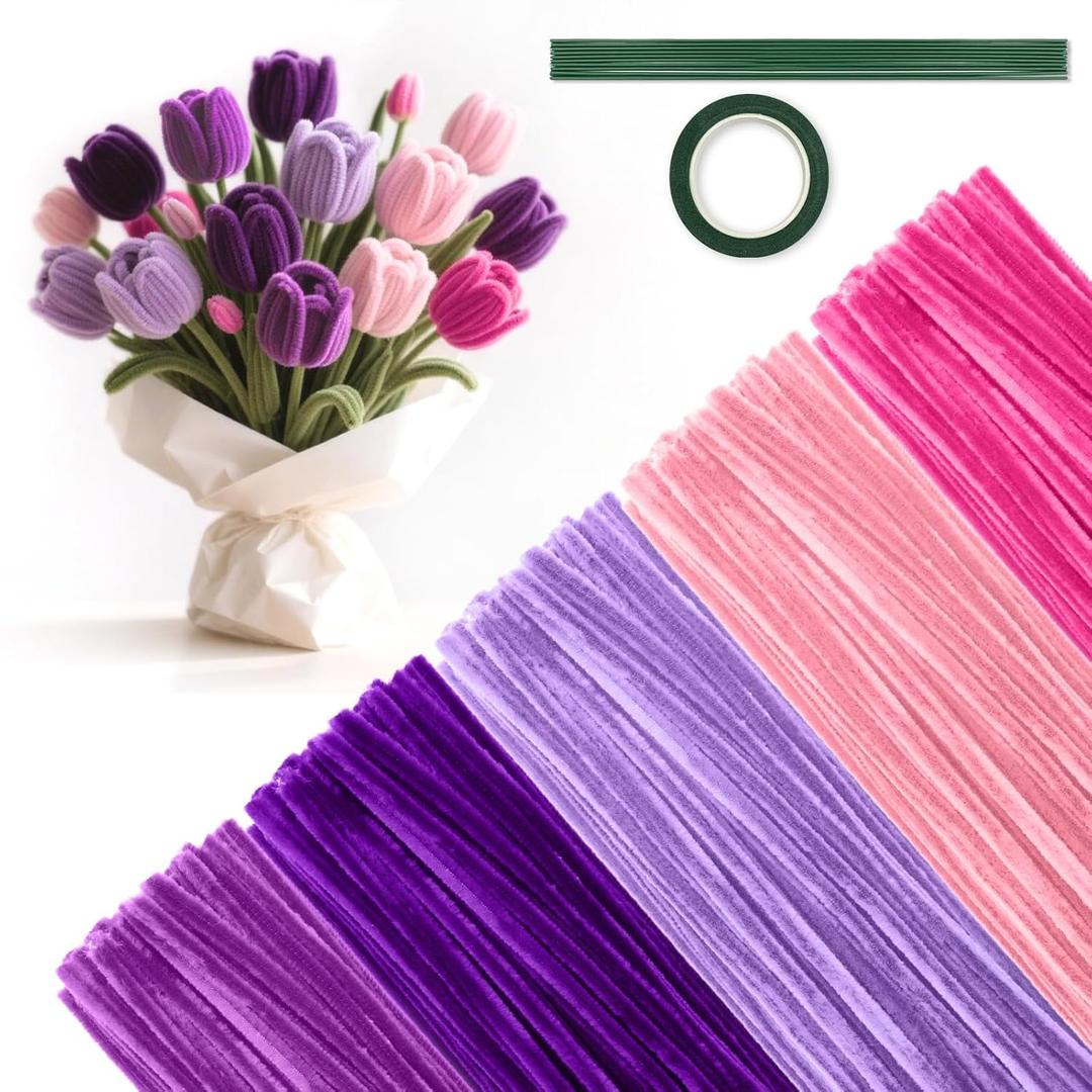 500 Pcs Pipe Cleaners for Crafting - 5 Color Chenille Stems Fuzzy Sticks, Kids DIY Arts & Crafts Supplies, with Bonus Flower Stems & Gardening Tape