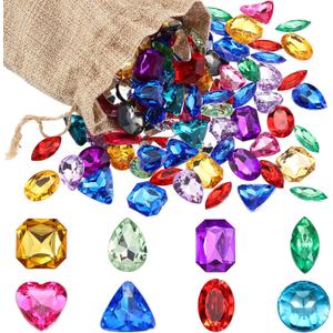 100 Pieces Toy Gems Pirate Treasure Jewels Fake Acrylic Gems Multicolor Bling Diamonds Plastic Gemstones with a Drawstring Bag for Party Table Decorations Sensory Bin Filler Pirate Party Favors