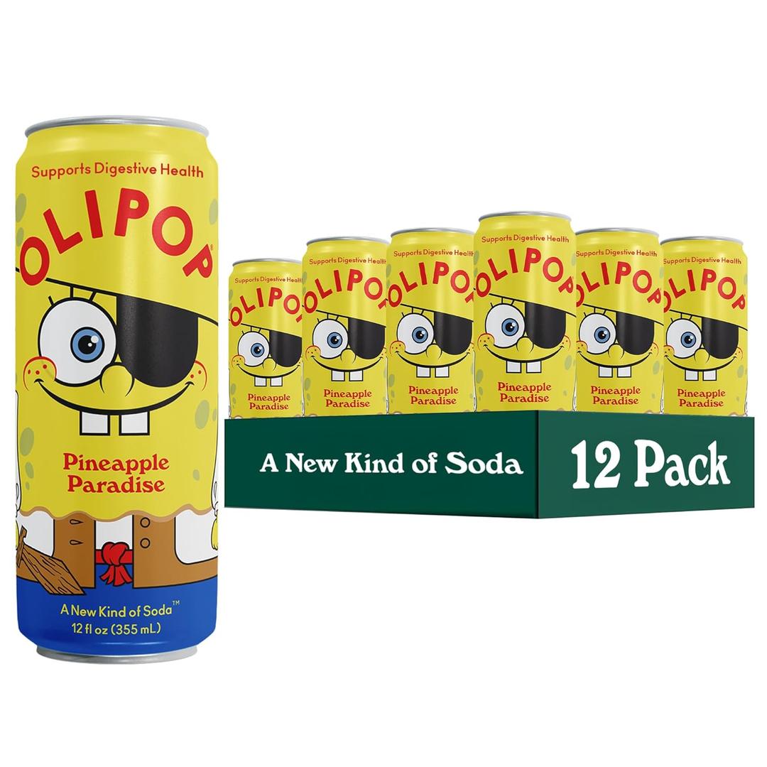 OLIPOP Prebiotic Soda Pop, SpongeBob Pineapple Paradise, Pantry Pack Packed with Prebiotics, Fiber, and Botanicals, Gluten Free, Vegan, GMO Free, 12oz Skinny Can (12-Cans), Best By: JAN 12, 2027