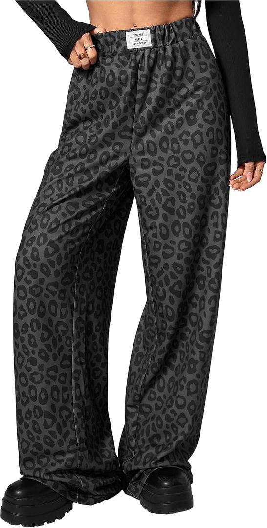 RoseSeek Women's Leopard Print Wide Leg Pants Patched Elastic Waist Casual Loose Trousers XX-Small Tall