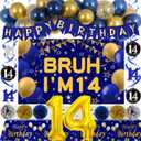 14th Birthday Decorations for Boys, Blue and Gold Happy 14th Birthday Decorations Boy, Bruh I'm 14 Backdrop Happy Birthday Banner Tablecover Number 14 Balloons Pompoms,14 Year Old Boy Bday Party Decor