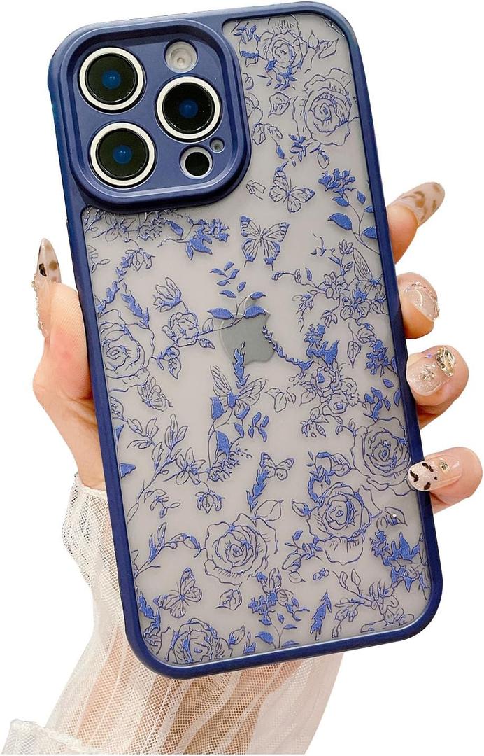 for iPhone 13 Pro Max Case, Flowers Butterfly Slim Hard PC Frosted Shockproof Drop Protection Cover, Translucent Matte Floral Phone Case for Women Girls 6.7" - Blue