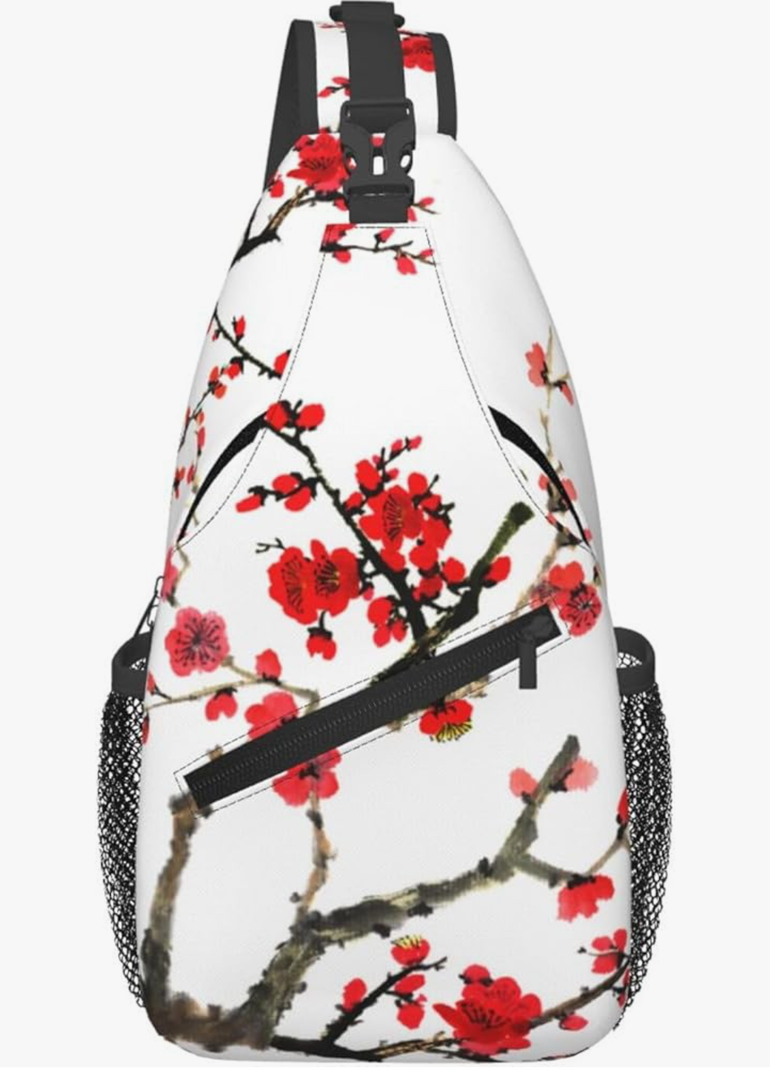Cherry Blossom Crossbody Sling Bag for Women Men Classical Asian Plum Blossom Watercolor Ink Painting Travel Sling Backpack Casual Chest Shoulder Bag Japanese Floral Print Hiking Daypack