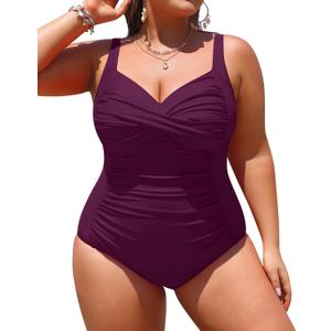 Yonique Women Plus Size One Piece Swimsuits Tummy Control Bathing Suits Twist Front Ruched Swimwear Deep Purple, 14W