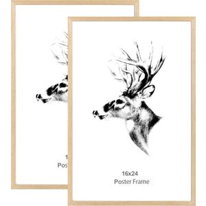 16x24 Picture Frame Set of 2, Natural Solid Oak Wood Poster Frame 16x24 for Wall Gallery, Horizontal and Vertical Wall Mount (2 pack, Oak)