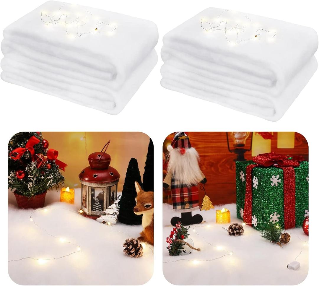 Christmas Fake Snow Blankets 2.3 x 6.6 Ft Snow Blanket Roll Fake Snow Decoration Fake Snow for Crafts Fake Snow for Crafts Artificial Snow Carpet, 3.3 Ft Fairy Lights for Party (Low Density, 2 Pcs)