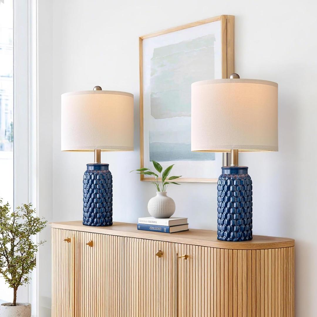 20.5" Small Bedside Lamps Set of 2 with 5FT Cord, Blue Ceramic Modern Farmhouse Table Lamps for Nightstand, Living Room, Bedroom, 3D Honeycomb Stylish End Table Lamps(Bulb Not Included)