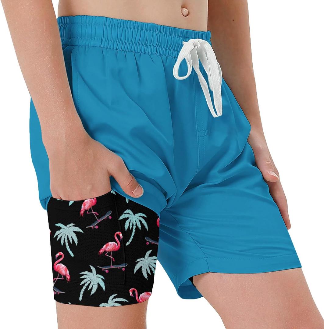 westwolf 6-18T Boys Swim Trunks for Teen 2 in 1 Bathing Suits Board Shorts with Compression Liner (8-9 Years, Blue)