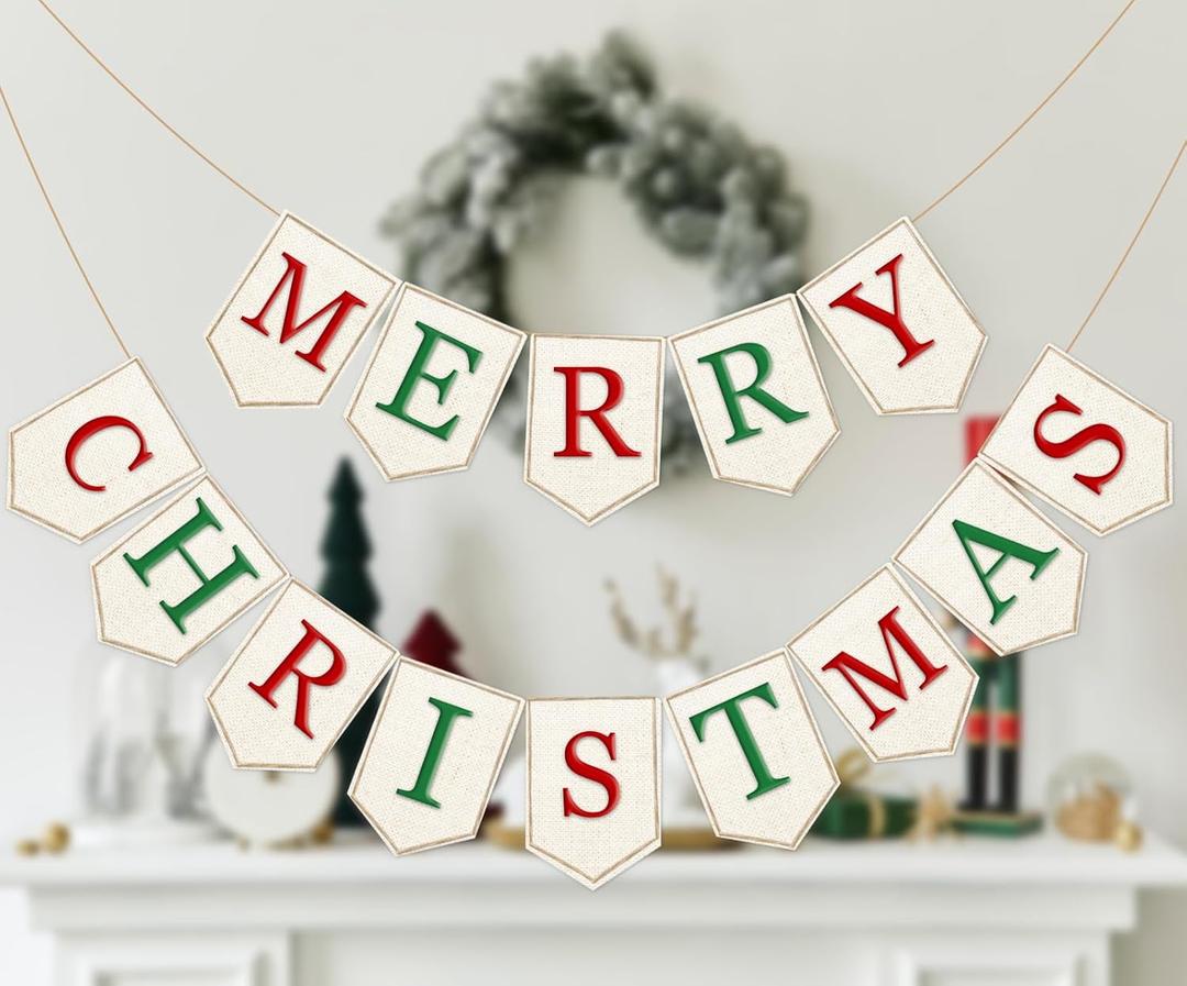 Whaline 2Pcs Christmas Burlap Banner Felt Merry Christmas Banner Red Green White Xmas Bunting Garland Pre-Assembled Celebration Hanging Decorations for Home Party Supplies