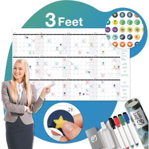 Dry Erase Calendar for Wall, 24" x 39" - Undated, Yearly, Reusable - Full 12 Month Year - Includes Markers, Eraser & Accessories