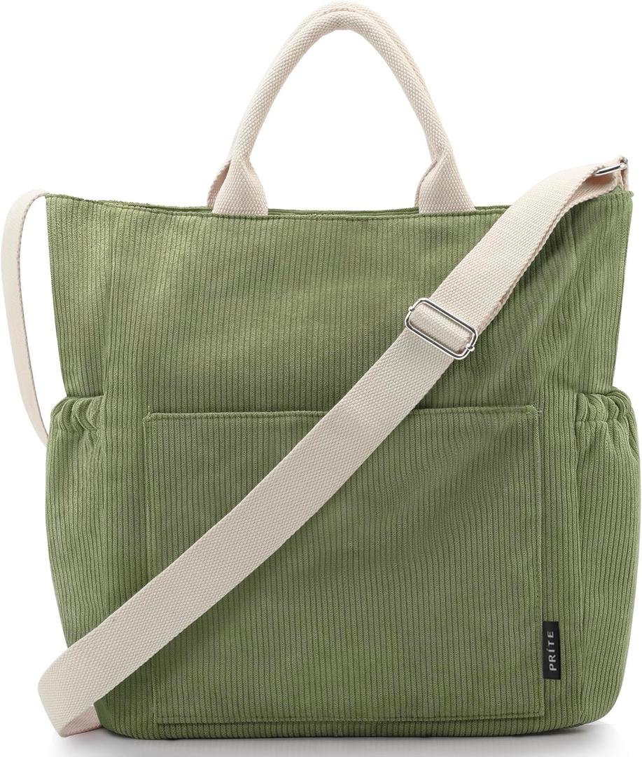 Prite Corduroy Tote Bag for Women Large Crossbody Hobo Shoulder Bag with Pockets Tote Handbag for Work,College,Shopping (Green)