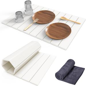Stone Dish Drying Mat for Kitchen Counter,24"(L)16"(W) Collapsible Fast-Drying Diatomaceous Earth Mats with Towel Sanding Tool,Versatile Stone Drying Mats for Cups Dishes Bottles