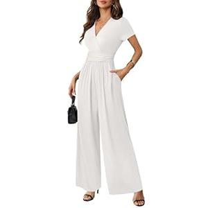LOOKBOHO Women's Short Sleeve Jumpsuits Summer Casual Deep V Neck Dressy Casual 2026 Romper High Waist Summer Wide Leg Pants White, Small