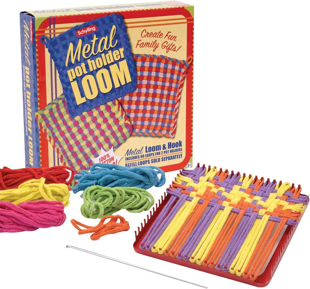 Schylling Metal Pot Holder Loom Kit - Classic Durable Weaving Frame to Make Pot Holders - Includes Loom, Hook, Instructions, and 80 Colorful Cotton Loops - Ages 5 and Up