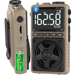 Bluetooth AM FM Shortwave Radio with NOAA Weather Alert,1250mAh Rechargeable Portable Pocket Radio with Best Reception,5W Big Speaker, Digital Tuner and Earphone,Support SD Card and USB Player（Brown）