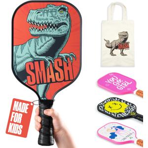 Sportbit Kids Pickleball Paddles Set of 1 or 2 - Child Size Pickleball Paddle for Kids Small and Lightweight - Carbon Fiber Youth Pickleball Paddle Set with Bag for Children Under 12. (1-pack Dino)