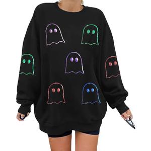 Halloween Sweatshirts for Women Sequin Ghost Long Sleeve Shirt Oversized Spooky Season Pullover Tops (Medium)
