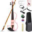 Vangoa Electric Violin 4/4 Full Size Silent Violin Set for Beginner Adults Teens, Solid Maple Wood Metallic Electronic Quite Violin with Ebony Fittings, Pink