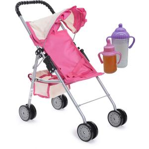 Fash N Kolor My First Doll Stroller With Basket – Pink Off-White Foldable Doll Stroller – Fits Up To 18" Dolls, 2 Free Magic Bottles Included