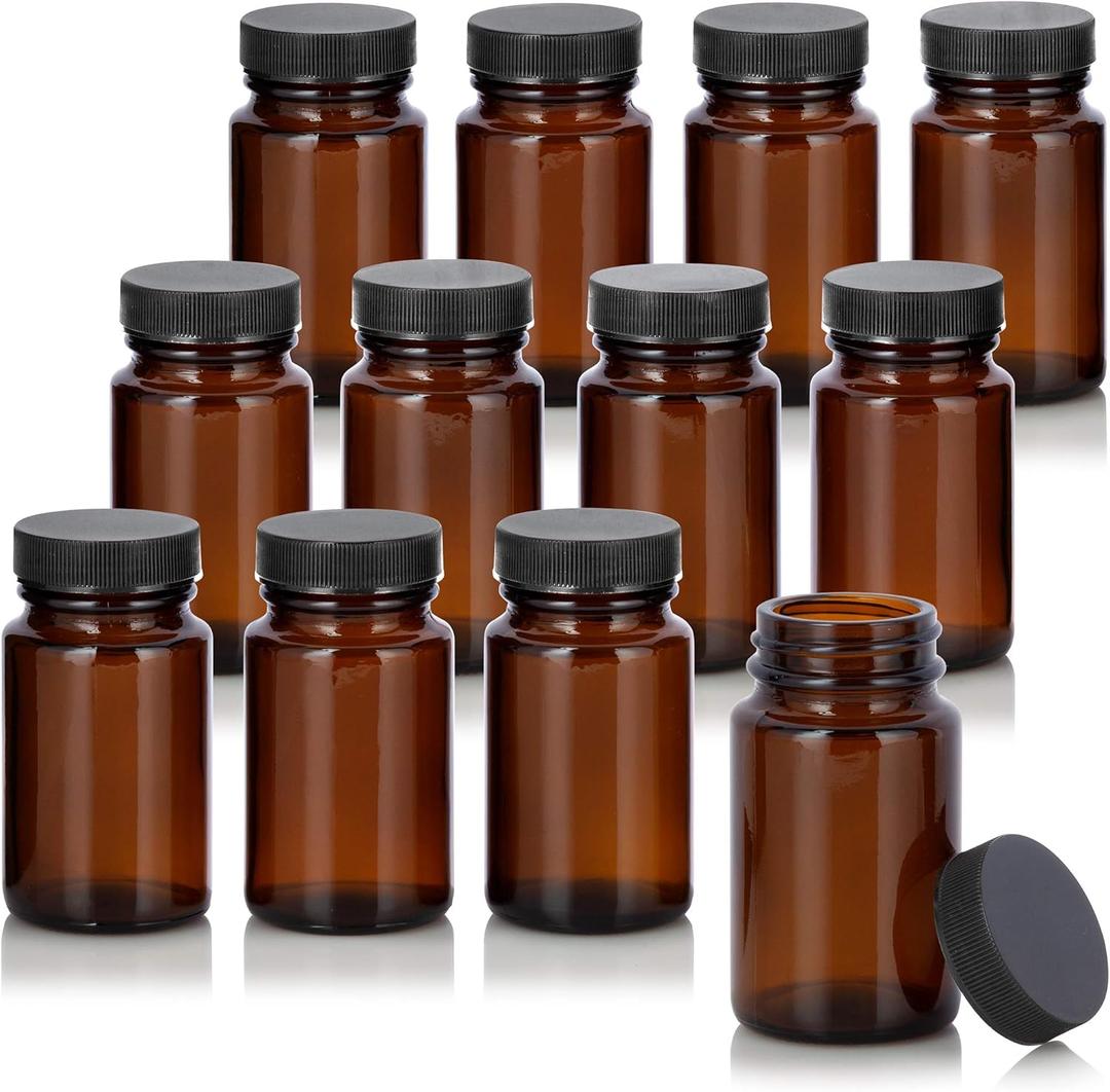 JUVITUS 2.5 oz / 75 ml Amber Glass Packer Bottle with Black Ribbed Lid (12 pack)