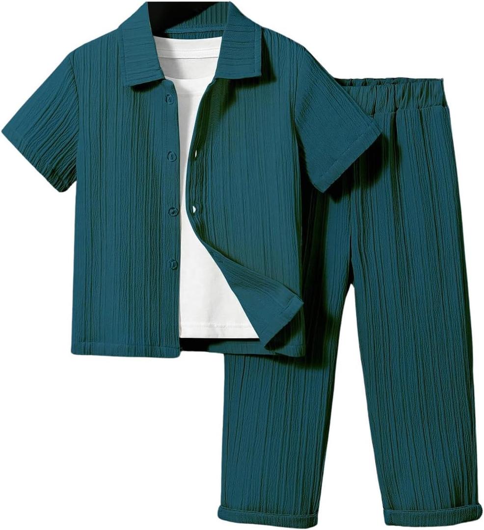Boy's 2 Piece Outfits Textured Button Down Short Sleeve Collar Shirts Tops and Elastic Waisted Pants (7Y, Dark Green)