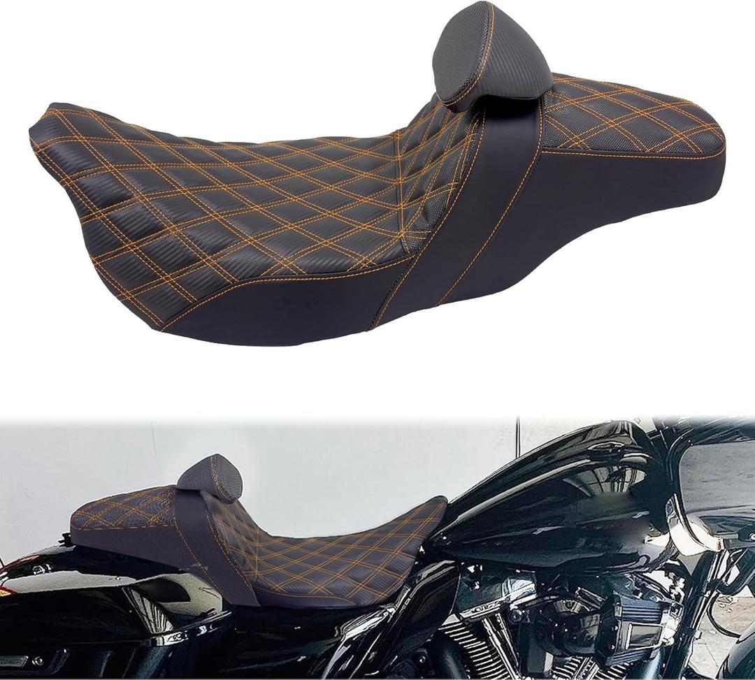 One-Piece Driver Passenger Seat Motorcycle 2-up Seat With Driver Backrest Cushion Pad Fit for Harley Touring Electra Glide Road King Road Glide Street Glide 2009-2023 (Orange Stitching)