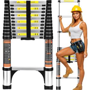 Folding Telescoping Ladder (Black Silver), 12.5 FT Aluminum Extension Ladder Folding Compact Portable Anti-Slip Collapsible Ladders for Home Attic RV Loft Roof