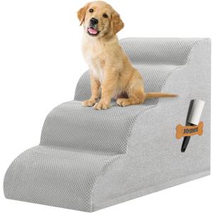 Romrol Dog Stairs Ramp for Beds Couches, Extra Wide Pet Steps with Durable Non-Slip Waterproof Fabric Cover, Dog Slope Stairs for Small Dogs and Cats or Pets Friendly, 4-TiersLight Grey