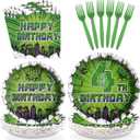 96Pcs Green Hero 4th Birthday Party Supplies Super Green Hero 4th Birthday Plates and Napkins Cityscape Super Bang Cartoon Movie Tableware Set for Kid 4 Year Old Party SuppliesServes 24