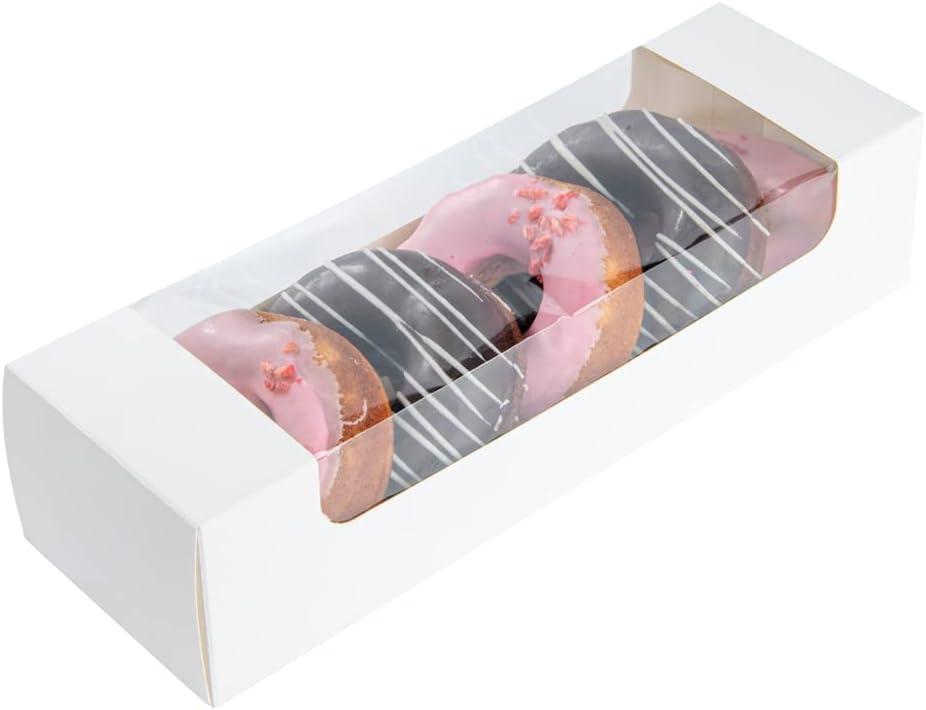 Restaurantware Pastry Tek 9.8 x 3.2 x 2.4 Inch Pastry Boxes 100 Disposable Donut Boxes - With Clear Window Easy Assembly White Paper Cookie Packaging Boxes For Muffins Cupcakes And Mini Cakes