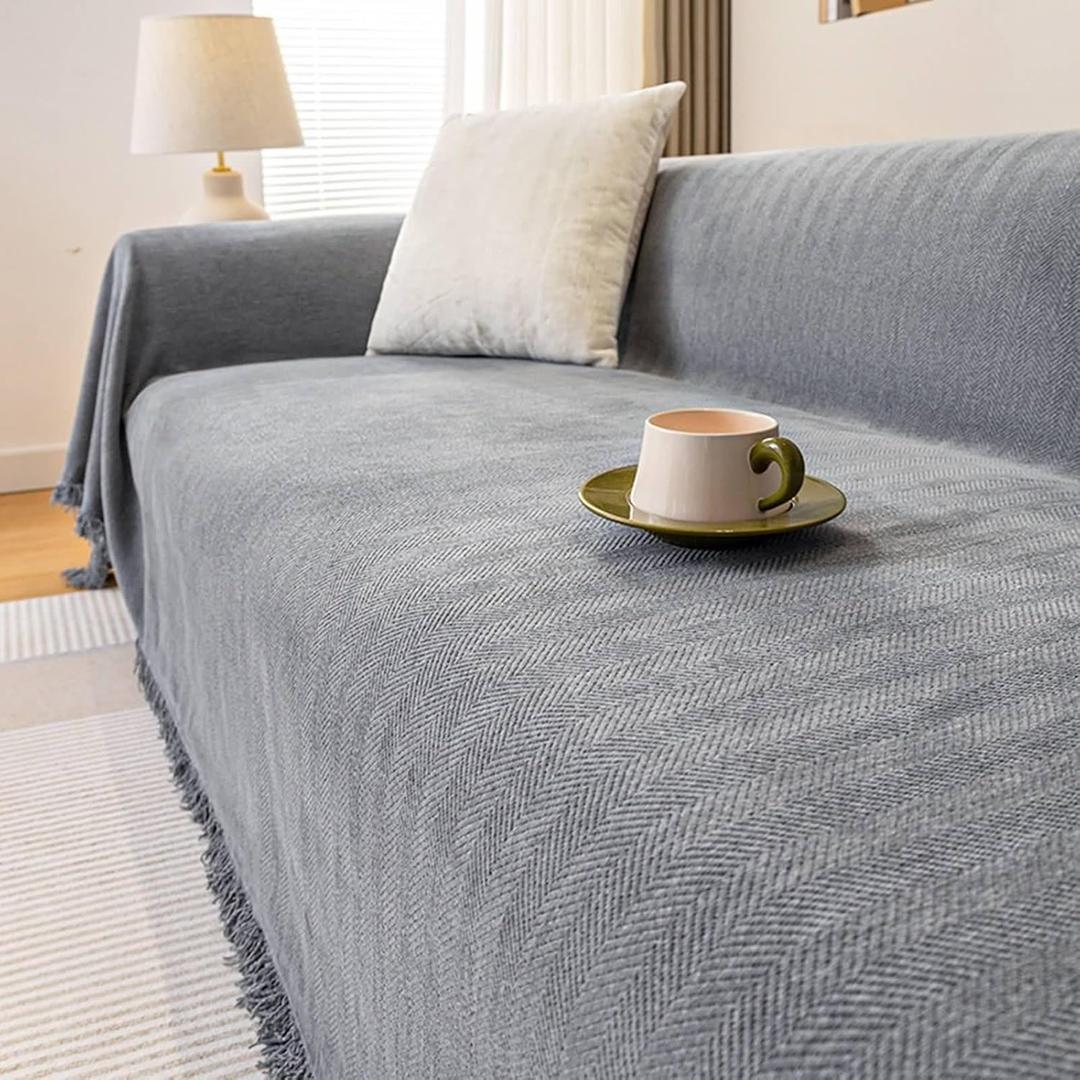 Grey Sofa Cover, Chenille Chair Cover Solid Color Herringbone Textured with Fringed 2 Seater(180X280CM)