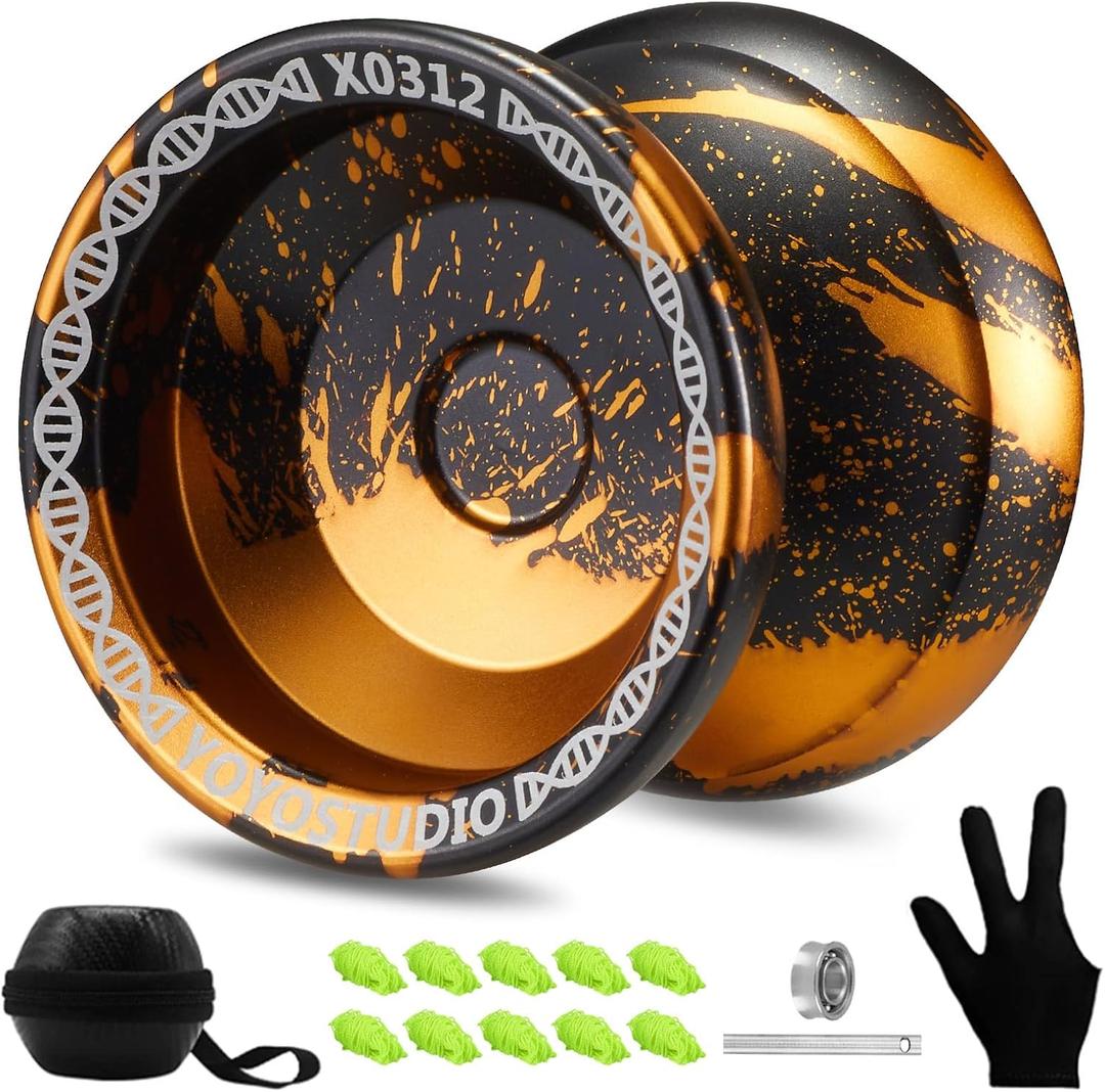 YOYOSTUDIO X0312 Unresponsive Finger Spin Yoyo Professional, Responsive Yoyo for Adults Kids, Trick Yoyos Professional with Yo Yo Bearing Kit, 10 YoYo Strings, Case & Glove (Black Gold Blue)