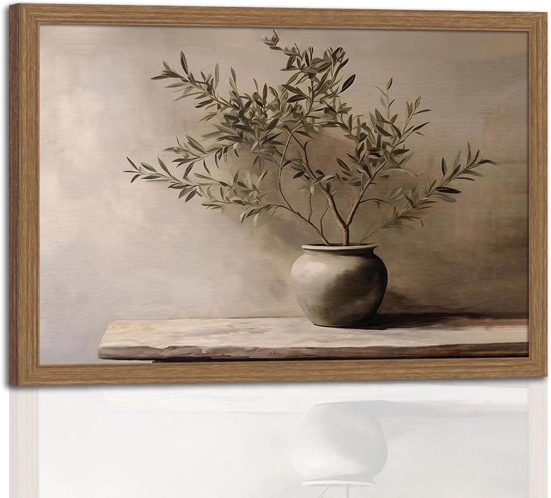 Framed for Living Room Rustic Olive Branch Still Life Wall Art Minimalist Botanical Plant Vase Painting, Rustic Farmhouse Neutral Still Life Print Picture for Living Room Bedroom Office 16x24in
