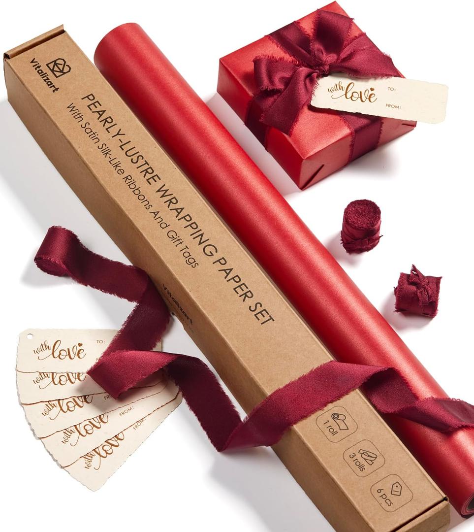Vitalizart Red Wrapping Paper Set 17" Pearly-Lustre With Silk Like Satin Ribbon & Gift Tags Recyclable Christmas Gift Wrapping Birthday Baby Shower Wedding Handmade Crafts 197"(16.4 Ft)