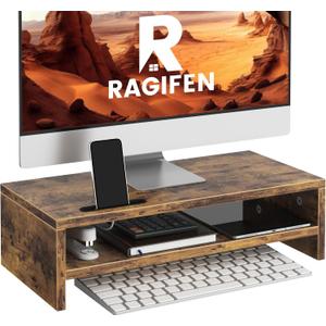 Wood Monitor Stand for Desk, 2 Tier Anti-slip Monitor Riser for Desktop with Phone Slot, Sturdy Computer Stand with Storage Shelves, Sturdy Laptop Riser Monitor Shelf, Easy to Assemble, Rustic Brown