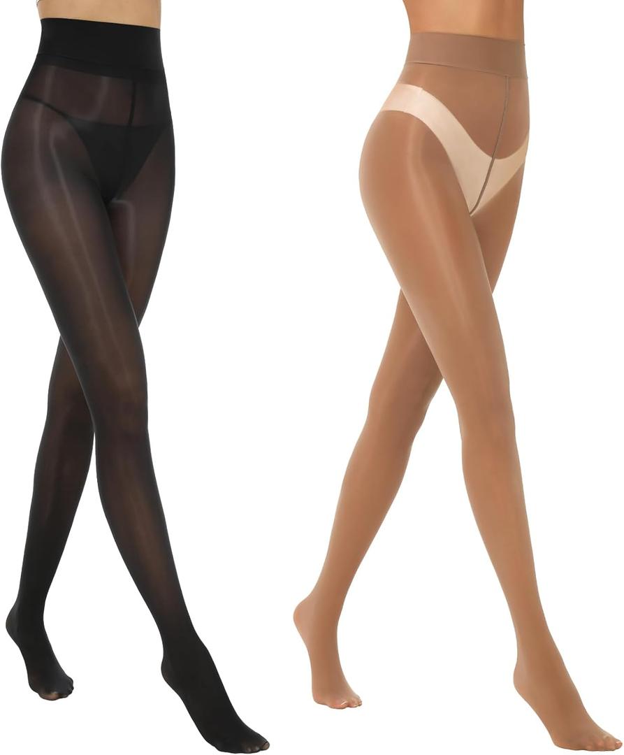 MANZI 2 Pairs Women's Shiny Sheer Tights High Waist Silk Comfort Stockings Oil Shimmery Nylons Pantyhose (Large-X-Large, Black and Brown)