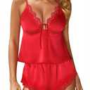 Kolagri Sexy Satin Pajama Set for Women Lace Lingerie Bow Ties Slip Sleepwear Cami Shorts Set Nightwear S-XXL (Red)
