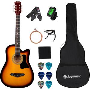 Joymusic 38 inch sunburst beginner acoustic guitar kit,bundle with a strap with picks holder,digital tuner, set strings, capo,cleaning cloth,6 picks,gig bag.(JG-38C,3TS)