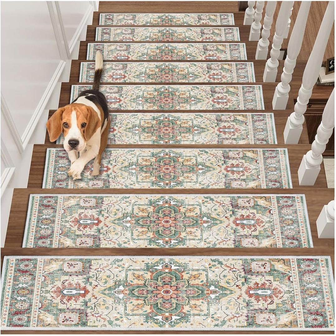 Edging Stair Treads Non-Slip Carpet Mat, 30in X 8in Indoor Stair Runners for Wooden Steps, Rubber Backing Stair Rugs for Kids Elders and Pets(Green/Beige,15PCS)